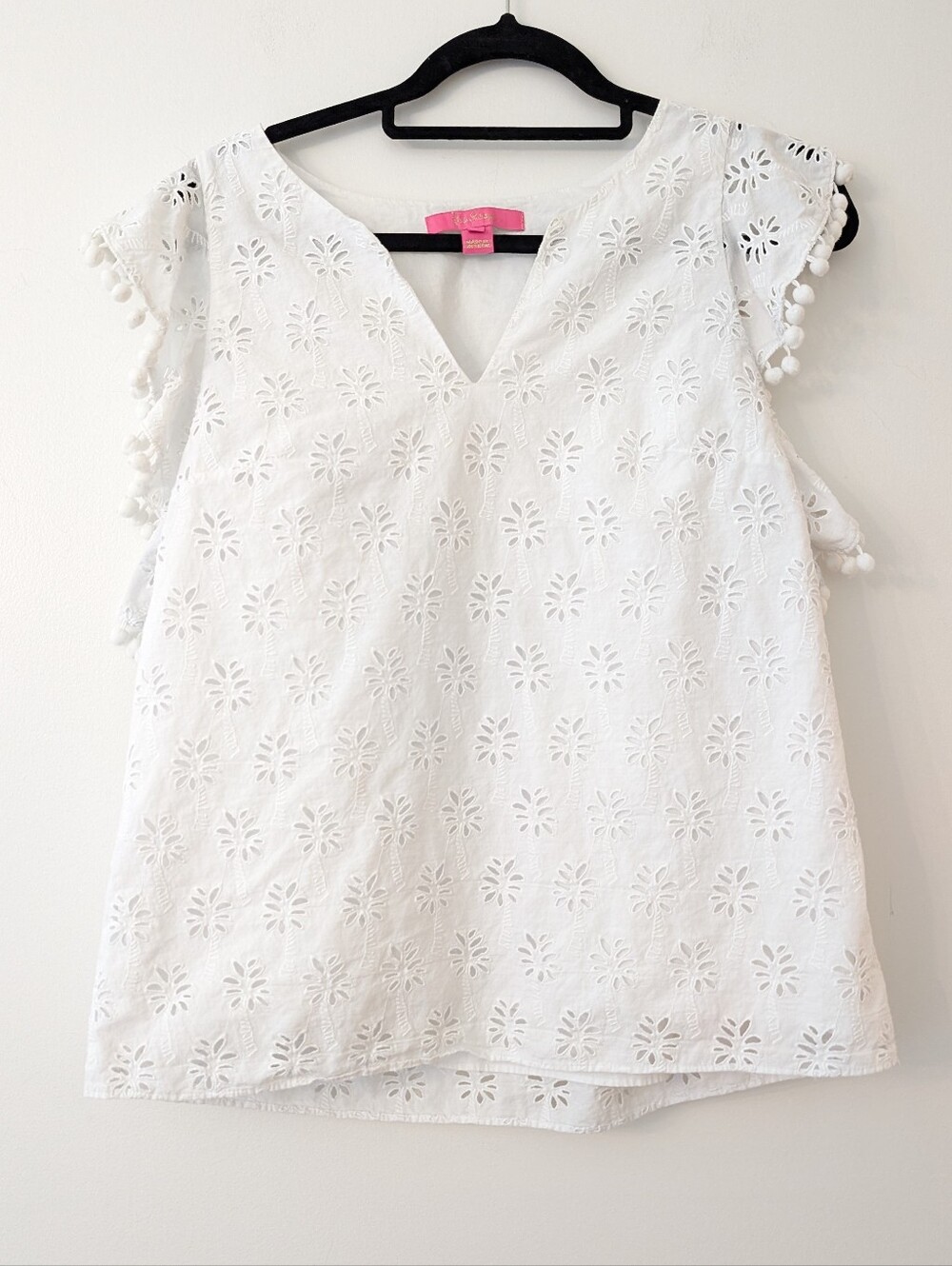 Lilly Pulitzer White Cotton Astara Eyelet Top Pom Trim V-Neck Size M